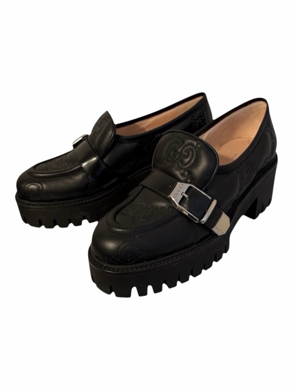 Gucci GG Black Matelassé Loafers with Silver Buckle Size 37